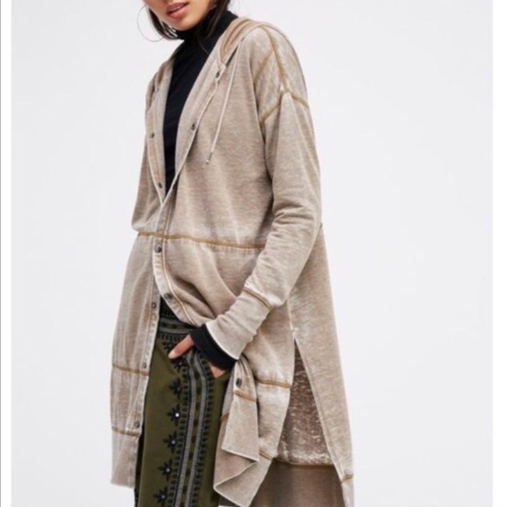 Free People Davis Cardigan Taupe Nude Long Soft Brushed Cotton Slouchy Lounge XS